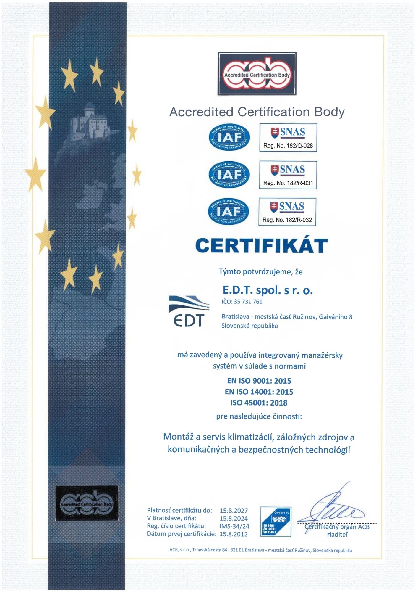 Certifikát ISO14001 45001 9001