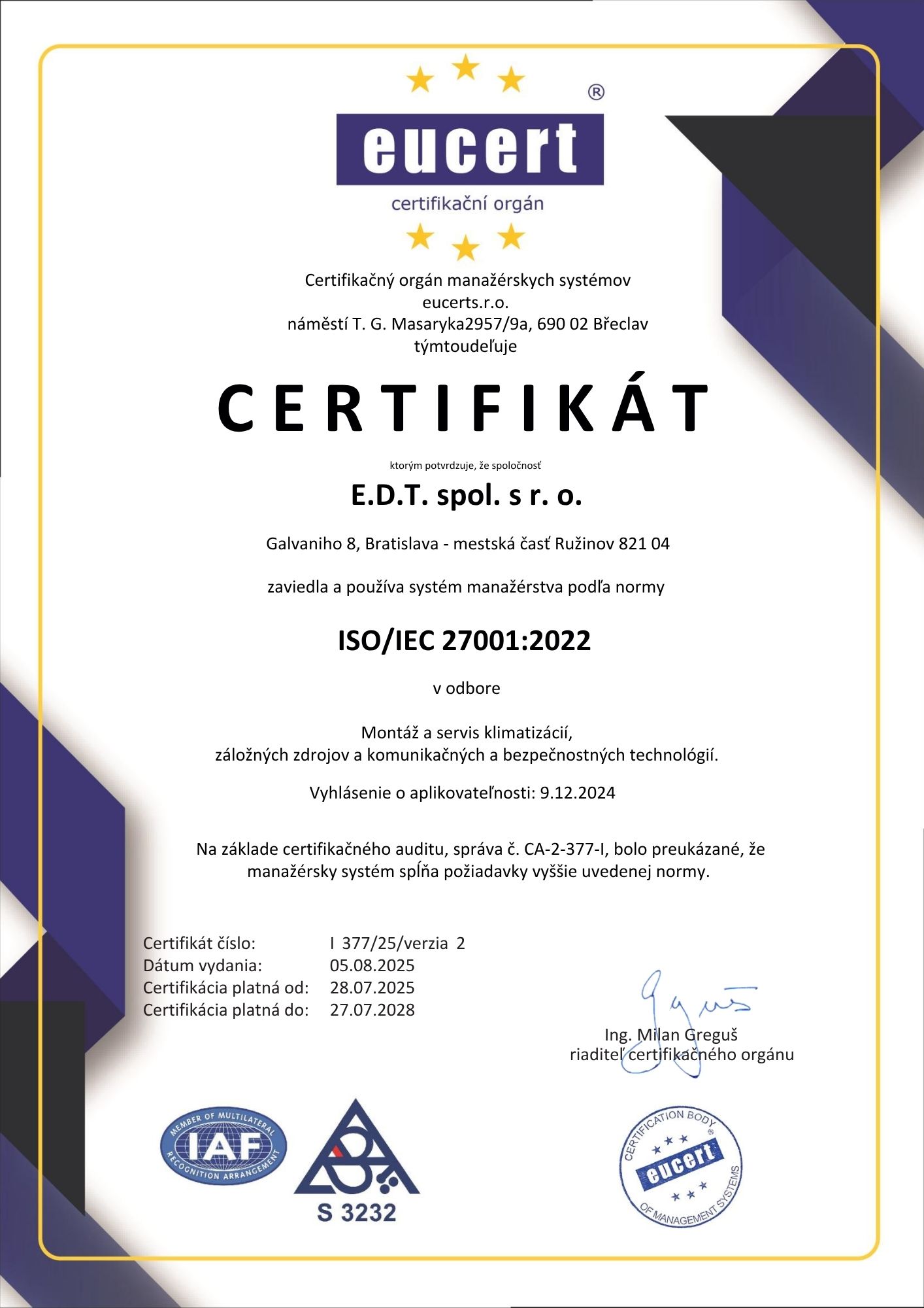 Certifikát ISO 27001